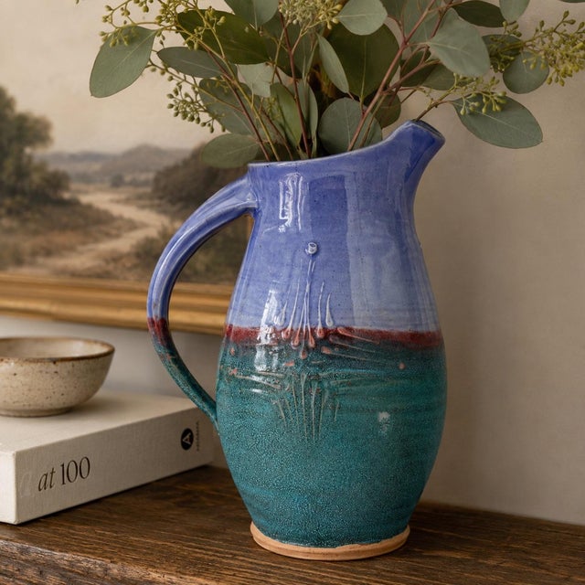 Vintage Studio Pottery Pitcher — Turquoise & Periwinkle Glaze, Hand-Thrown, 9.25” Tall For Sale - Image 4 of 8