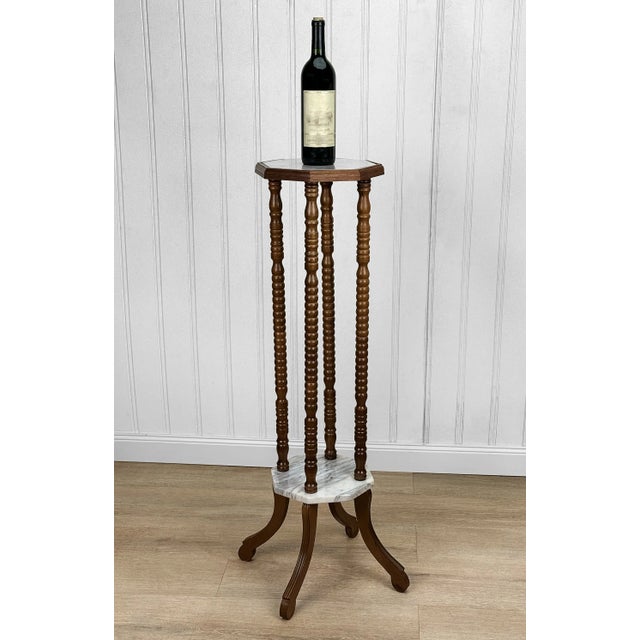 Vintage Traditional Turned Walnut & Marble Plant Stand Pedestal, c.1970's - Pairs Nicely with Many Traditional & Eclectic...