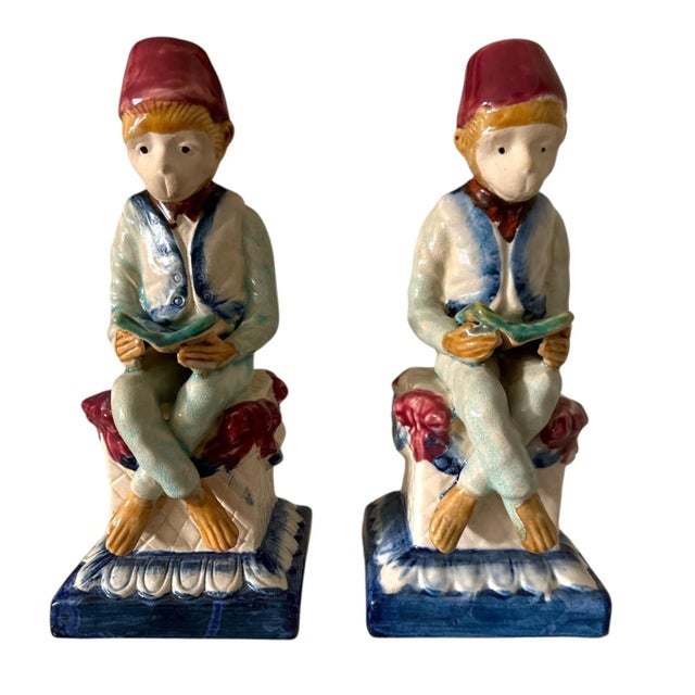 Chinoiserie Hand Painted Majolica Chinoiserie Monkey Bookends - A Pair For Sale - Image 3 of 6