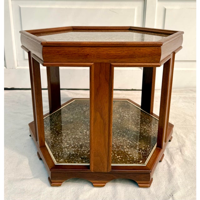 1970s John Keal for Brown Saltman Two-Tier Hexagonal Side Table With Stone Inset For Sale - Image 10 of 11