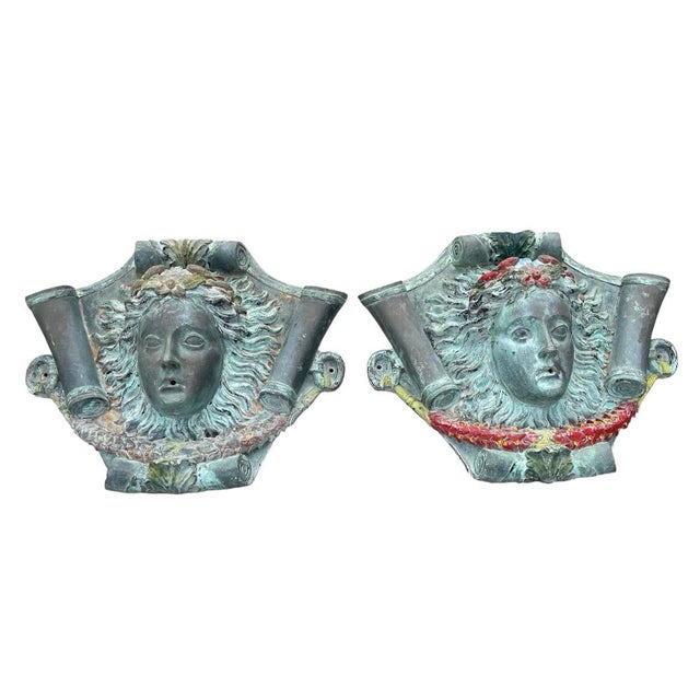 Neoclassical Pair of Vintage Neoclassical Cast Bronze Maiden Mask Wall Fountain For Sale - Image 3 of 12