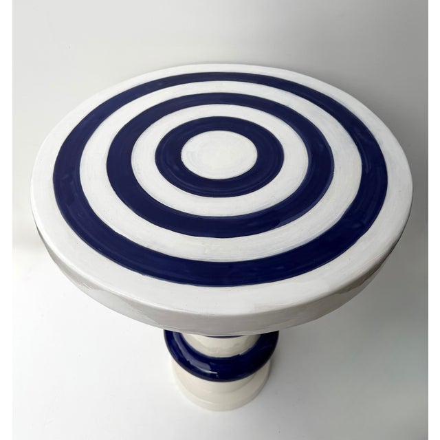 Contemporary Pair of Blue and White Ceramic Stripe Side Tables. Italy For Sale - Image 4 of 12