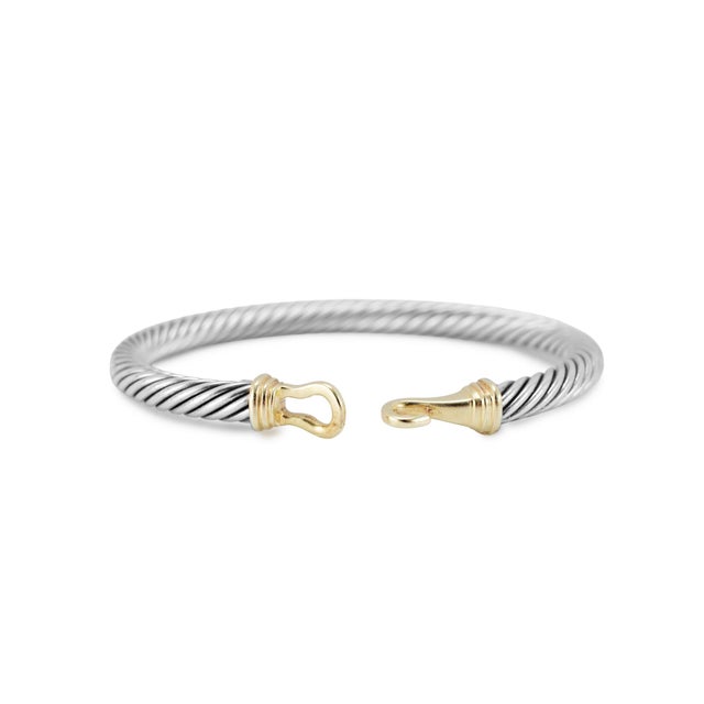 Early 21st Century David Yurman 925 Silver 5mm 14k Yellow Gold Buckle Classic Cable Bangle Bracelet For Sale - Image 5 of 8