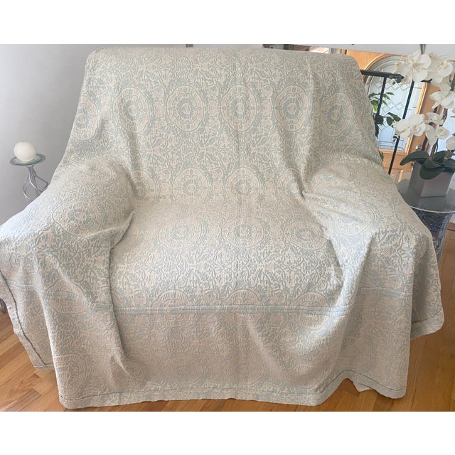 Textile Blue Ivory Woven Medallion Damask Full Bedspread For Sale - Image 7 of 9