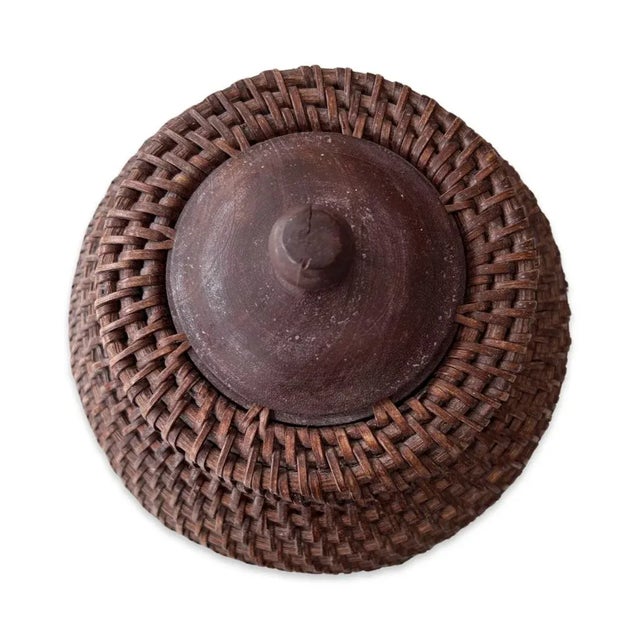 Wood Boho Chic Large Handwoven Rattan and Wood Ginger Jar With Lid From the Philippines For Sale - Image 7 of 12