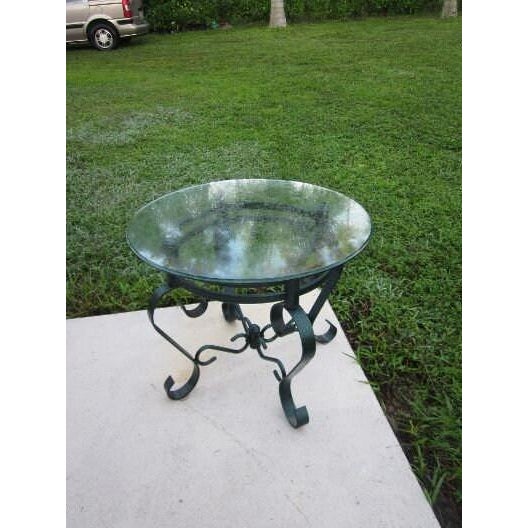 Vintage Salterini Style Round End Table Green Metal Glass Top For Sale - Image 4 of 8
