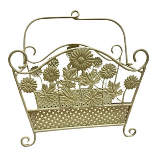 Vintage Late 20th Century Wrought Iron Floral Magazine Rack With Daisy & Leaf Metalwork- Cottage Shabby Chic Décor For Sale