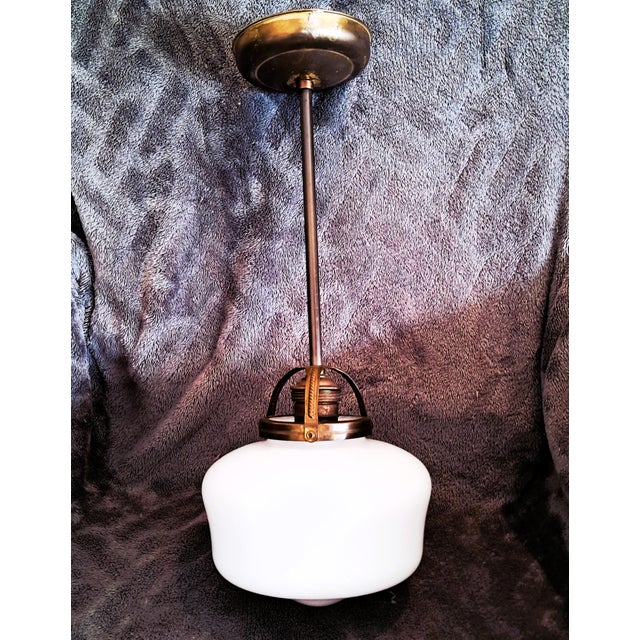 Gold Art Deco Opaline Glass and Brass Pendant Light, 1920s For Sale - Image 8 of 10