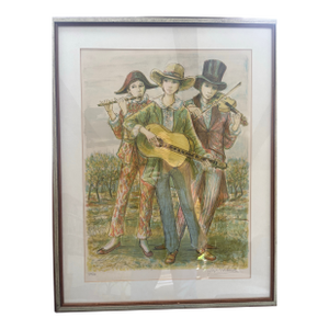 Framed Mid 20th Century Signed & Numbered Lithograph by Jacques Lavende – Framed Musicians Scene