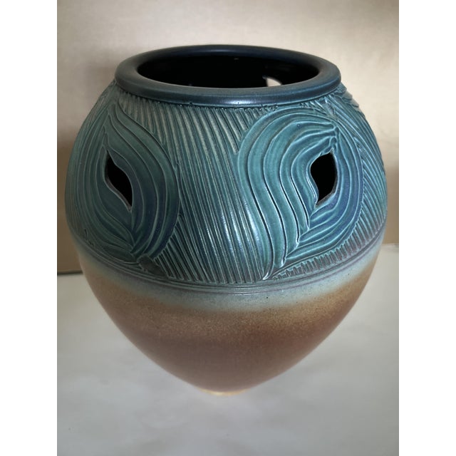 Mid-Century Modern Mark Untener Large Carved & Pierced Studio Pottery Vase, 1990s For Sale - Image 3 of 8