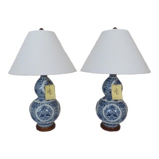 Pair of Ralph Lauren Designer Chinoiserie Table Lamps Blue & White Gourd Shape Koi Fish For Sale