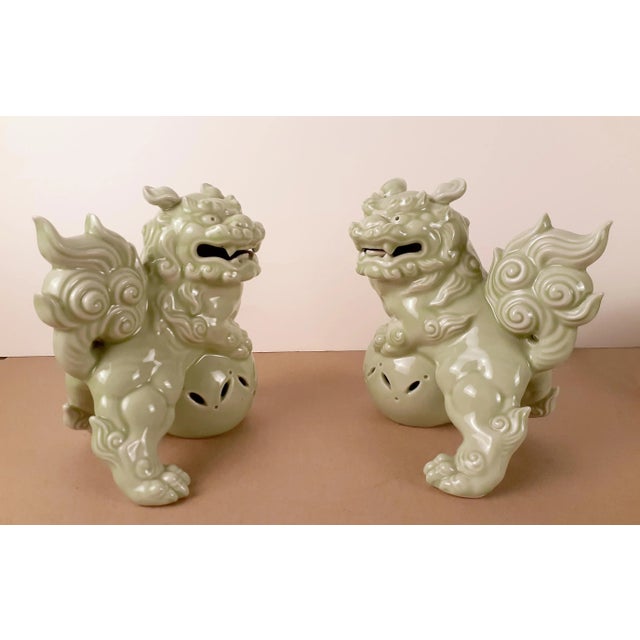 Mid 20th Century Mid Century Pair of Chinese Celadon Fu Dogs For Sale - Image 5 of 8