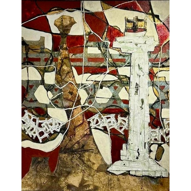Bold fields of red dominate this tall canvas, applied over Stella's gold leaf ground in thick, confident strokes that...