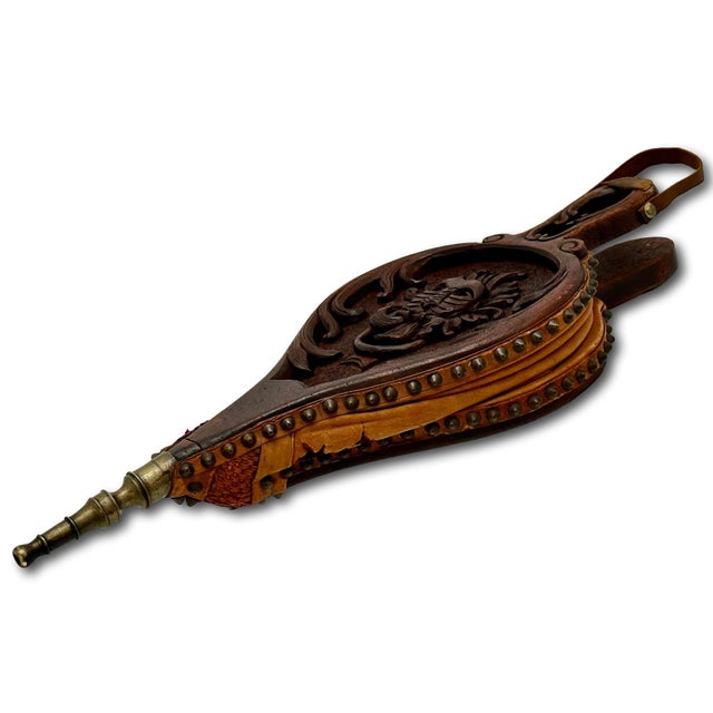 Fine Antique Hand Carved Walnut Black Forest Fireplace Bellows Northwind For Sale - Image 14 of 18