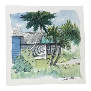 “Island Retreat” Original Tropical Cottage Watercolor by Nancy Smith For Sale