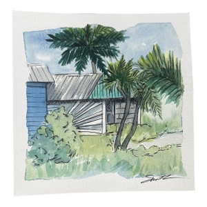 “Island Retreat” Original Tropical Cottage Watercolor by Nancy Smith