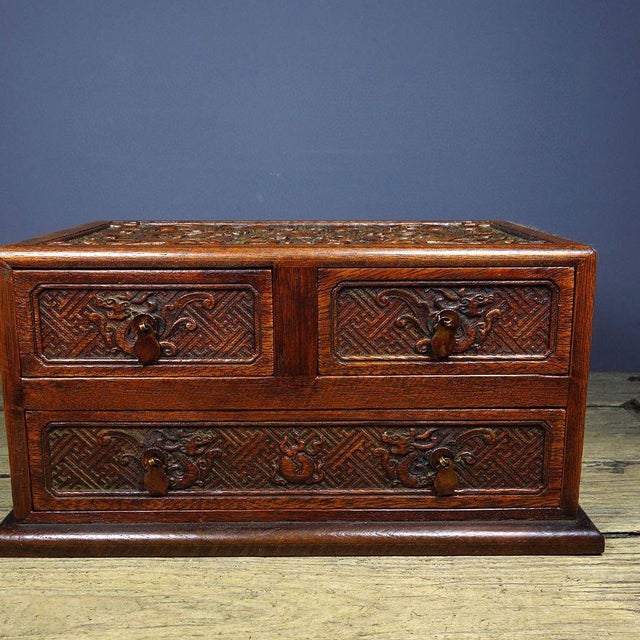 Wood Vintage Huali Wood Tabletop Cabinet, Double Dragon Relief Motif For Sale - Image 7 of 9