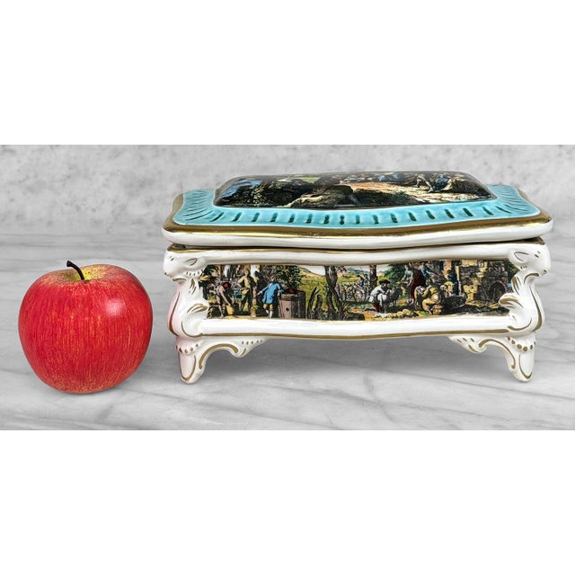 - Original 50's Italian Capodimonte Porcelain Dresser Box - White Glazed Porcelain with Heavily Detailed Painted Motifs -...