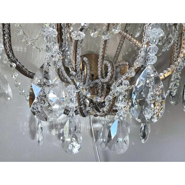 Victorian Pair Monumental Light Crystal Beaded French Chateau Sconces Mansion Attr. Dennis Leen For Sale - Image 3 of 7