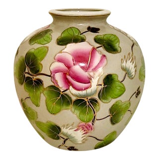 Mid 20th Century Pink and Green Hand Painted Peony Floral Vase For Sale