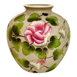 Mid 20th Century Pink and Green Hand Painted Peony Floral Vase