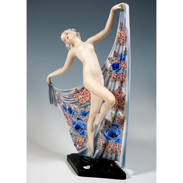 Exquisite goldscheider ceramic figurine of the late 1930s: young, pretty lady with curly hair, wearing only ballet shoes,...