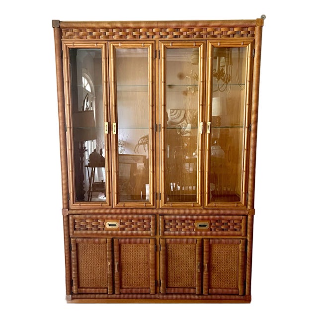 1980’s Rattan Wrapped Faux Bamboo Lighted China Cabinet For Sale