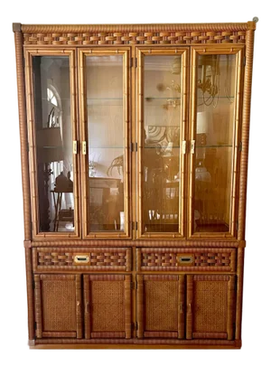 1980’s Rattan Wrapped Faux Bamboo Lighted China Cabinet