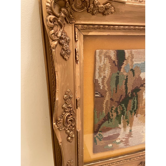 1940s Vintage 1940s Hand-Stitched Swan Landscape Needlepoint in Ornate Gilt Frame For Sale - Image 5 of 8