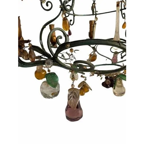 Copper Vintage Wrought Iron Chandelier Decorated with Pendants of Various Shapes and Sizes and a Floral Theme For Sale - Image 8 of 9