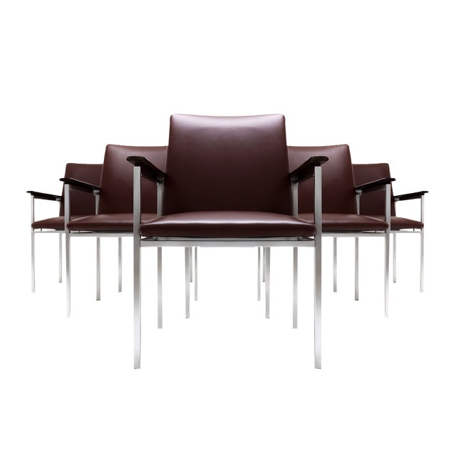 H-Line Danish Armchairs in Brushed Steel, Walnut and Leather for France & Son attributed to Sigvard Bernadotte, 1960s, Set of 6 For Sale