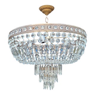 1940s Art Deco Bronze Low Plafonnier Crystal Chandelier in Brass For Sale