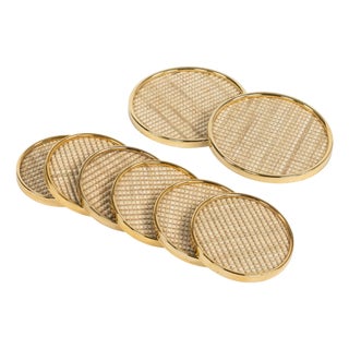 Mid-Century Modern Barware Coasters in Brass and Rope, Italy, 1970s, Set of 8 For Sale