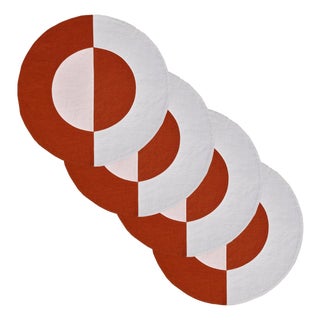Misette Bauhaus Embroidered Linen Round Placemats in Red, Set of 4 For Sale