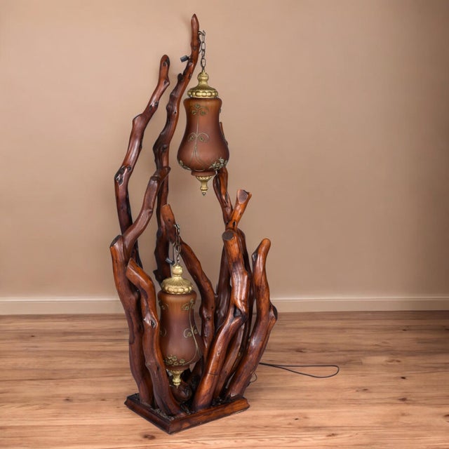 Rustic Handcrafted Tree Branch Floor Lamp With Amber Glass Globes For Sale - Image 9 of 13