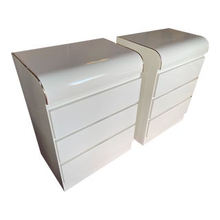 White Postmodern Waterfall Nightstands With Gold Trim - Pair For Sale