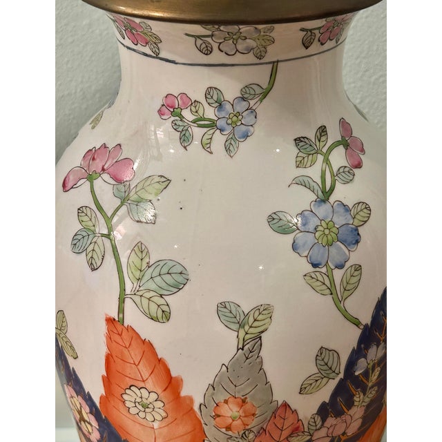 Pink Vintage Tobacco Leaf Chinoiserie Porcelain Lamp With Double Happiness Finial and Ming Style Base - Shade Included For Sale - Image 8 of 12