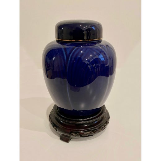 Vintage Kutani Japanese Cobalt Blue Ginger Jar Vase With Original Base For Sale - Image 4 of 7