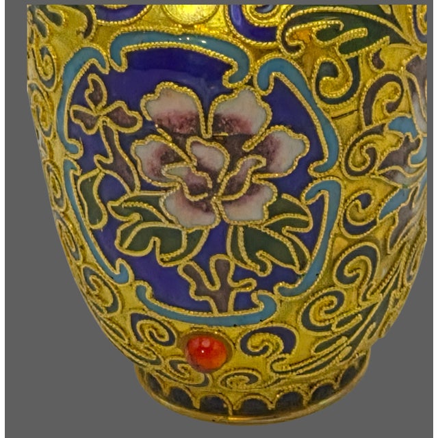 Metal Vintage Ornate Jeweled Cloisonne Hand Painted Enamel Gilded Floral Small Vase For Sale - Image 7 of 11