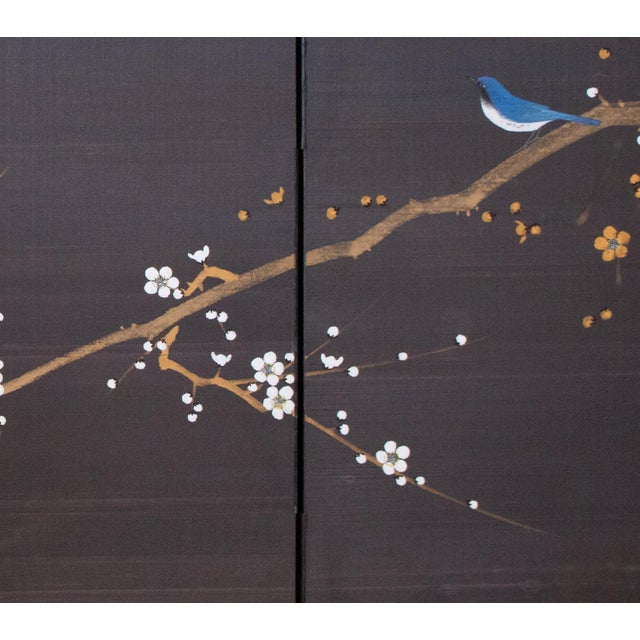 1960s 1960s Shōwa Era Japanese Silk Byobu Screen, Blue-and-White Flycatcher and Sakura For Sale - Image 5 of 16