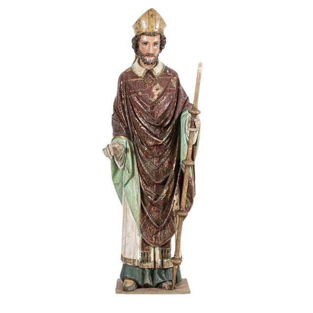 18th Century Italian Polychrome Carved Oak Bishop Statue For Sale