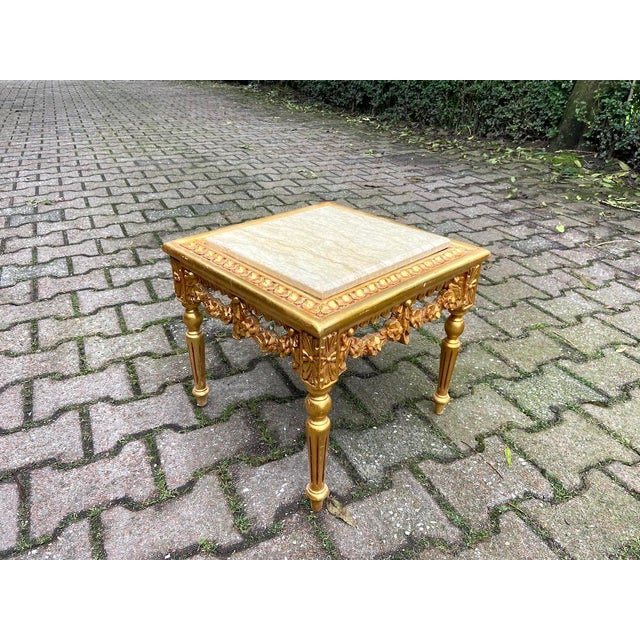 Late 20thC French Louis XVI Gold Beech Marble Nesting Tables - Pair For Sale - Image 12 of 18