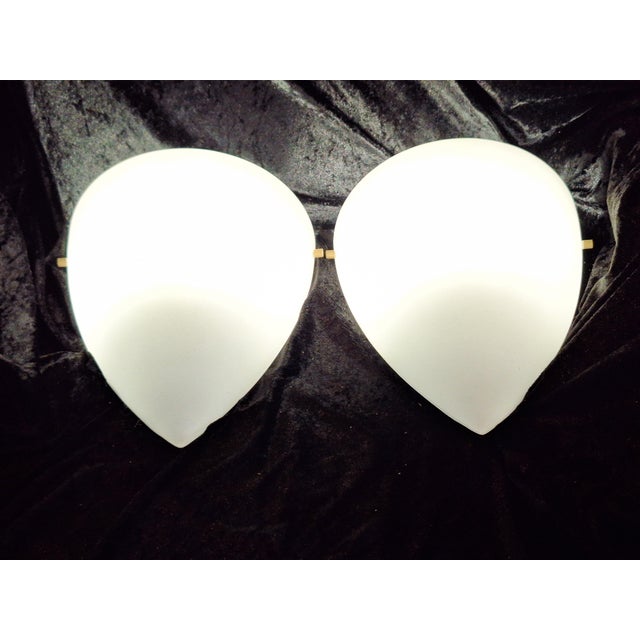 Contemporary Vintage Minimalist Ceiling Lamps with Opaque White Glass Shades on Brass Brackets, 2000s, Set of 2 For Sale - Image 3 of 7