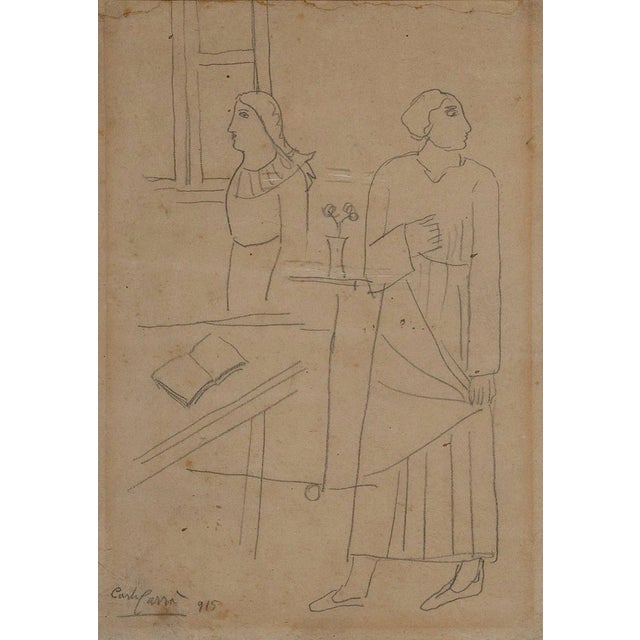 Carlo Carrà, Figures in an Interior, Original Drawing, 1915 For Sale