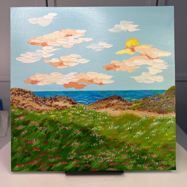 2020s Sunset by the Seaside Acrylic Painting 12"x12" Tropical Landscape Wall Art For Sale - Image 5 of 7