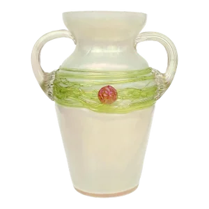 Antique Loetz Kralik Style Mother of Pearl Iridescent Double Handle Threaded Decoration Flower Vase
