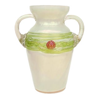 Antique Mother of Pearl Loetz Kralik Style Iridescent Double Handle Threaded Decoration Flower Vase For Sale