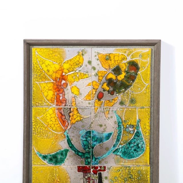 Modern Modernist Ceramic Tile Wall Plaque of Sunflowers Signed Gilbert Valentin For Sale - Image 3 of 13