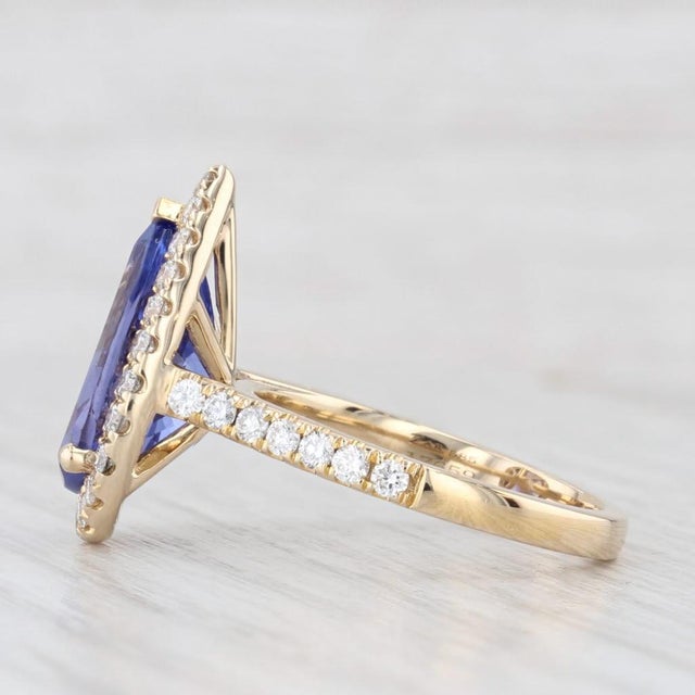 Modern 5.34ctw Pear Tanzanite Diamond Halo Ring 14k Gold Size 6.5 Teardrop Engagement For Sale - Image 3 of 9