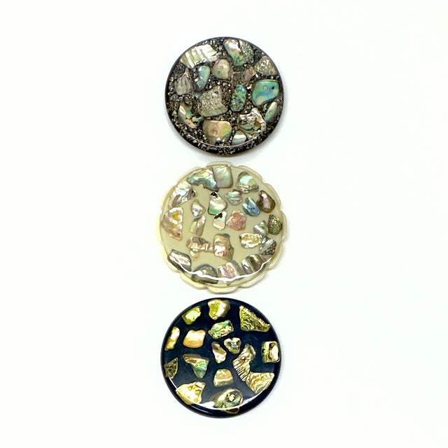 Mid-Century resin & abalone trivet curation, group of 3. This is a stunning group of three resin and abalone trivets in a...